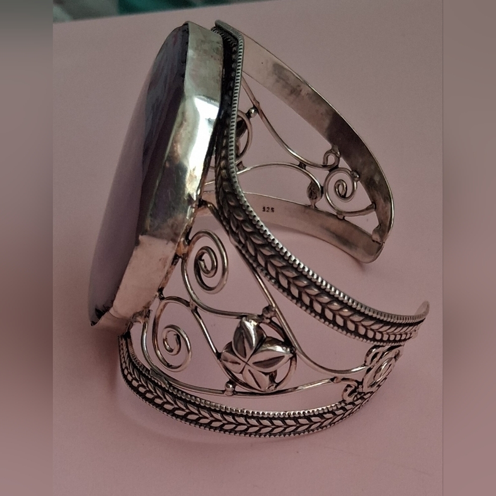 EUC HUGE Purple Solar Quartz & 925 Sterling Floral Filigree Boho Cuff Bracelet - Picture 3 of 8